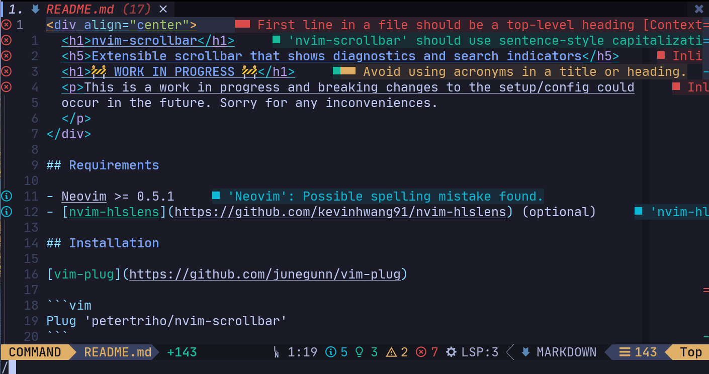 petertriho/nvimscrollbar Neovim plugin Developers using nvim