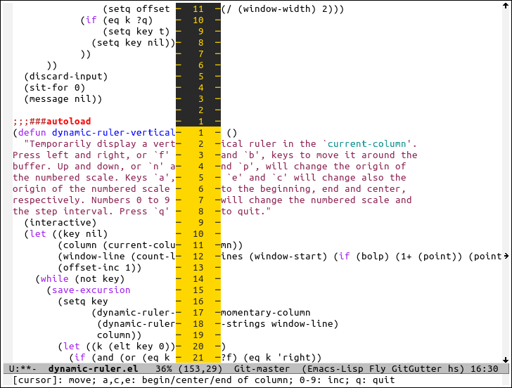 GitHub rocher/dynamicruler Emacs package to show a dynamic ruler that can be freely moved