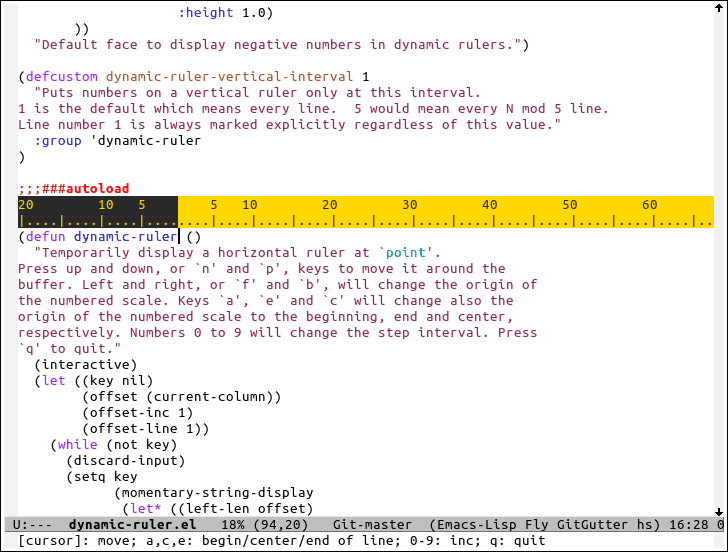 GitHub rocher/dynamicruler Emacs package to show a dynamic ruler that can be freely moved