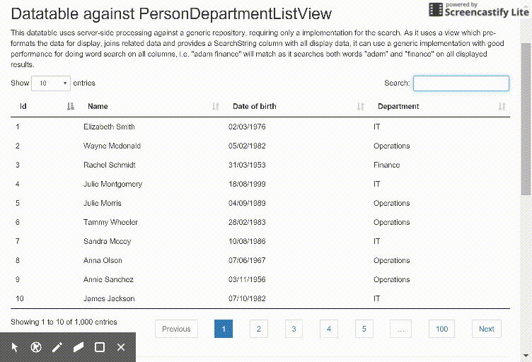 GitHub stevenalexander/ServerSideDataTables ASP.MVC example of using serverside search