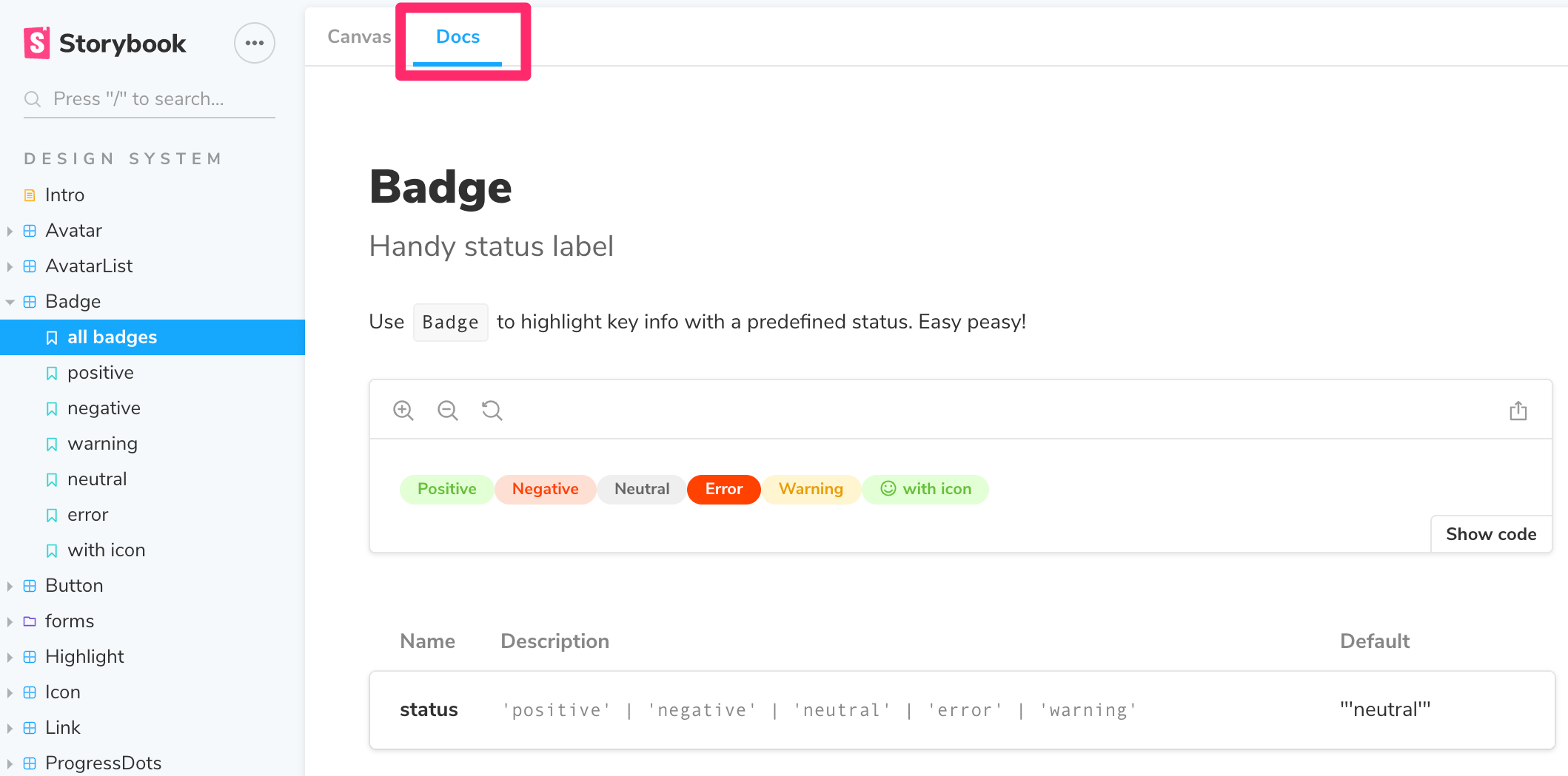 Docs Addon Storybook Frontend for UI development