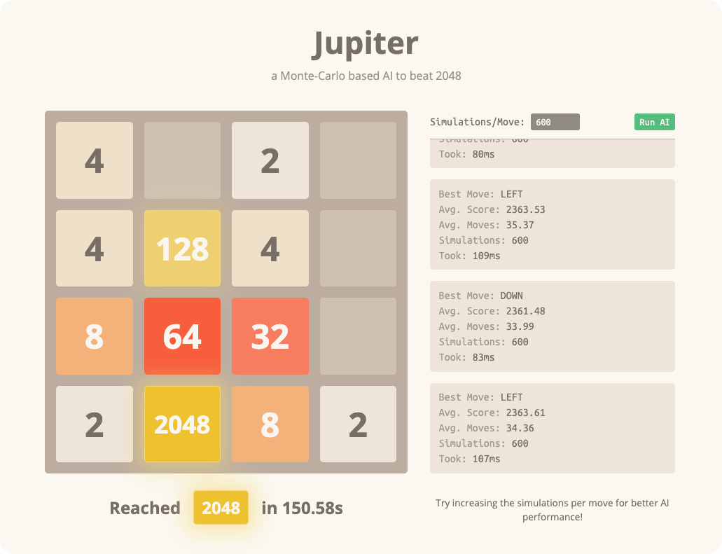 Using the Monte Carlo Tree Search Algorithm in an AI to Beat 2048 (and