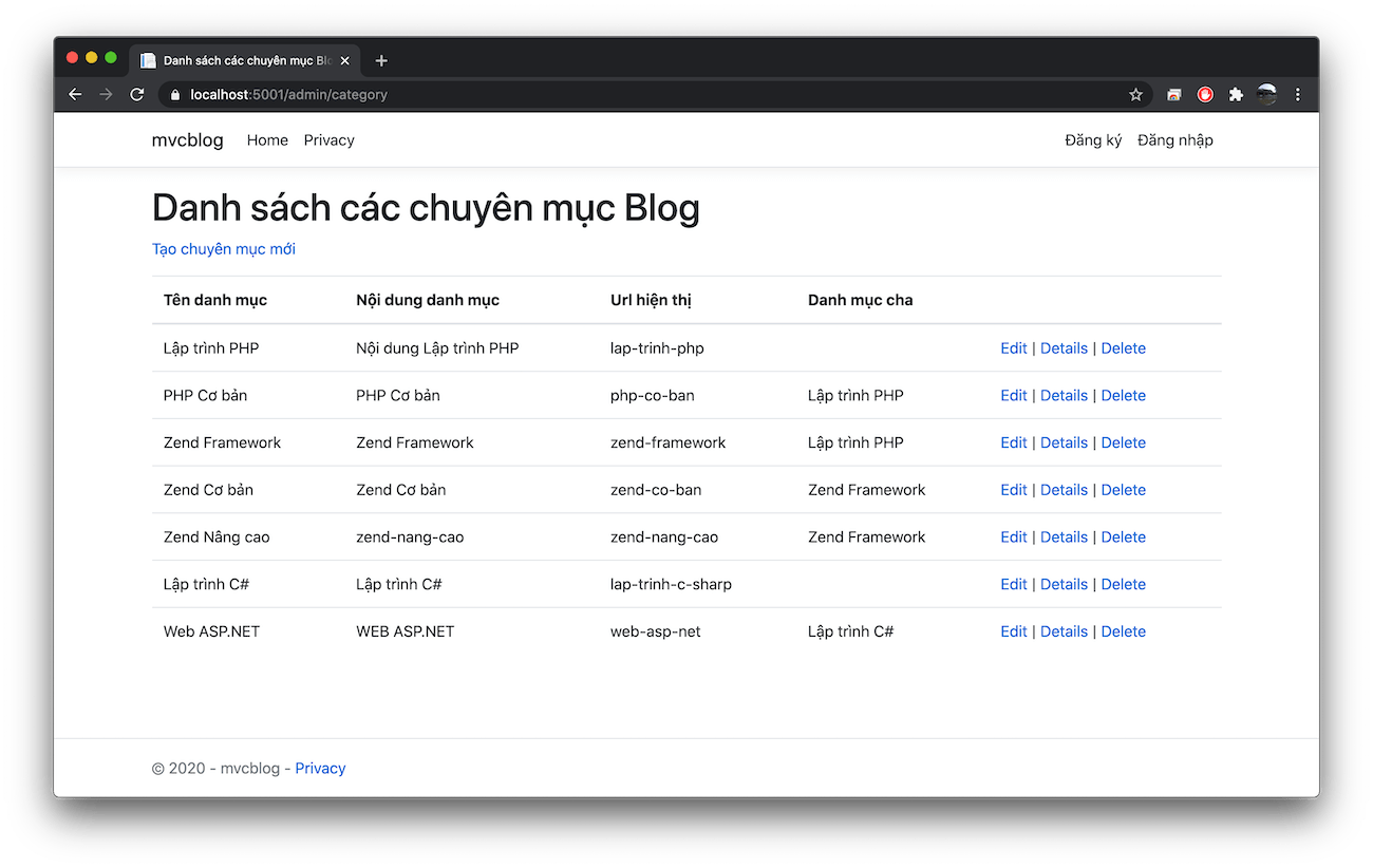 Core MVC) Xây dựng ứng dụng mẫu Danh mục của Blog (phần 1)