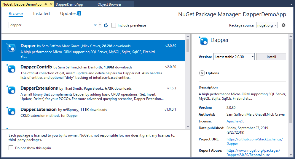 Dapper Getting Started With Adding NuGet Reference
