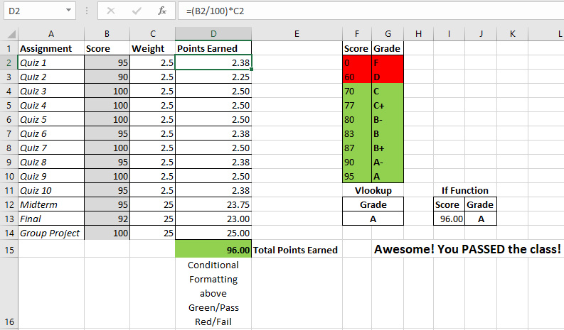 Calculate Semester Final Grade with VLookup, IF Function, and