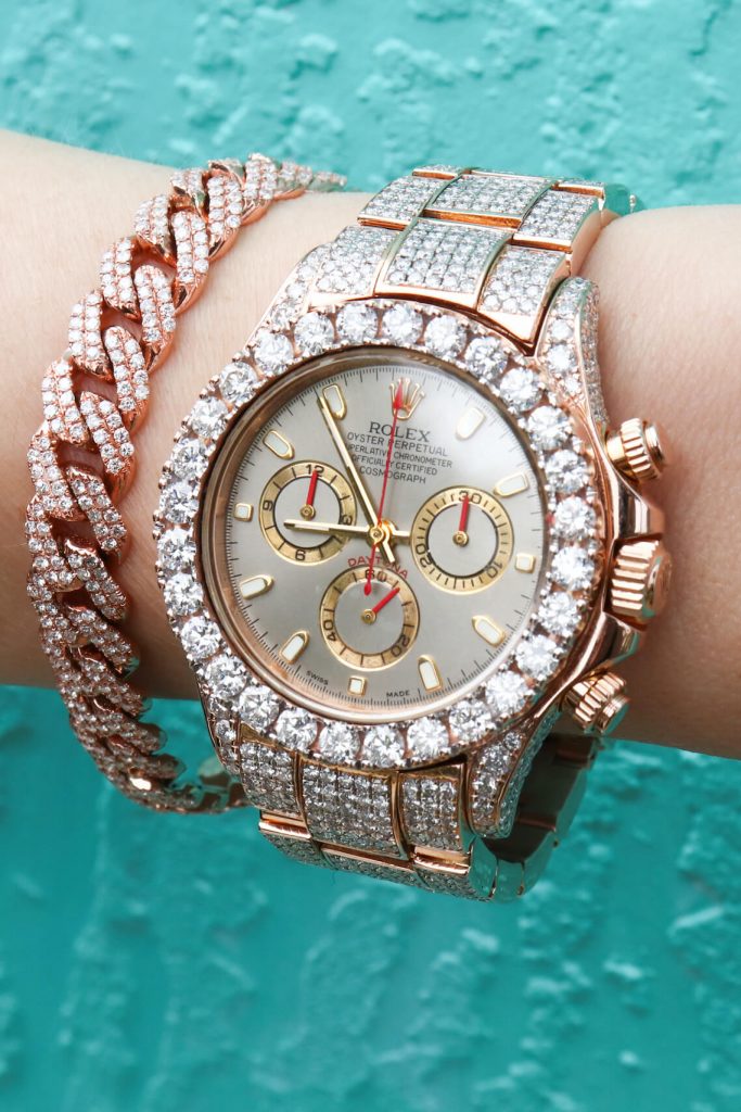 Iced Out Rose Gold Rolex Daytona with Bust Down Cuban Link Bracelet