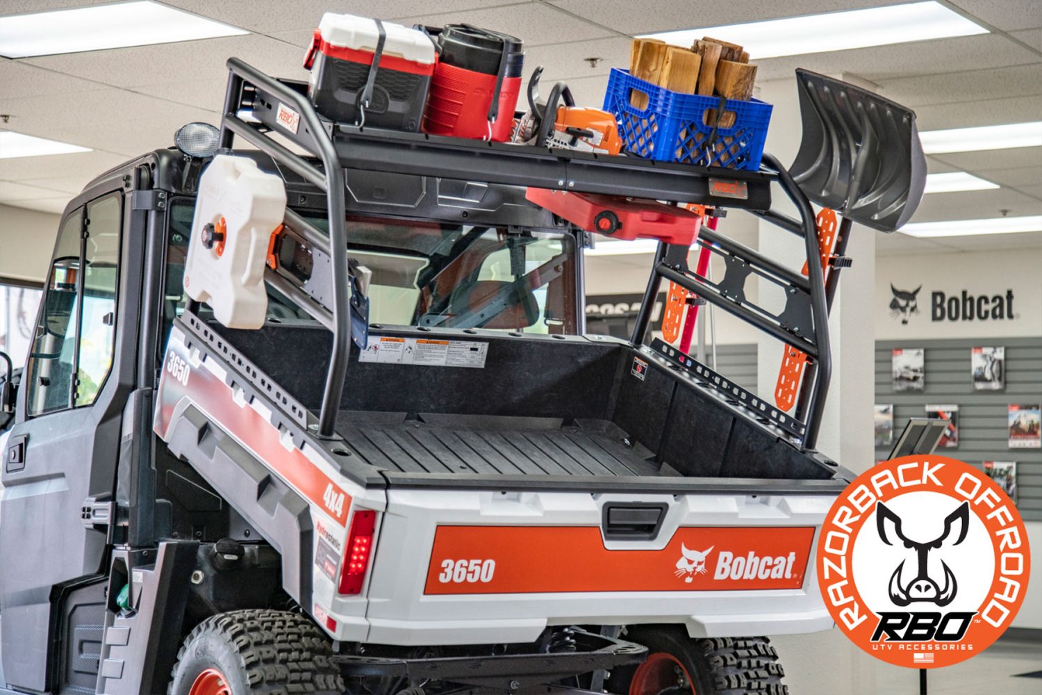 Razorback Offroad Bobcat UTV Rear Rack with farming tools RazorBack