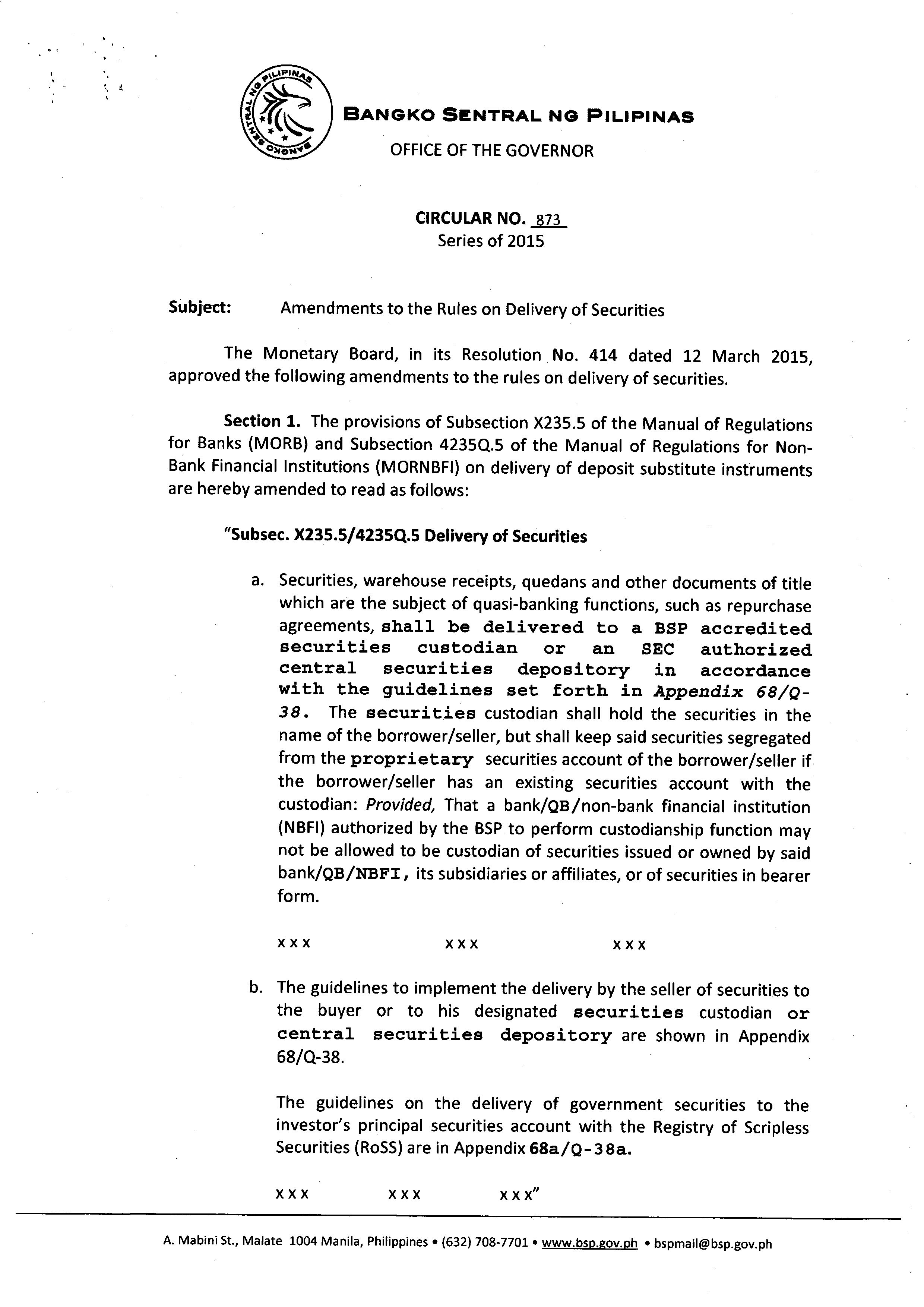BSP Circular No. 873 Amendments to the Rules on Delivery