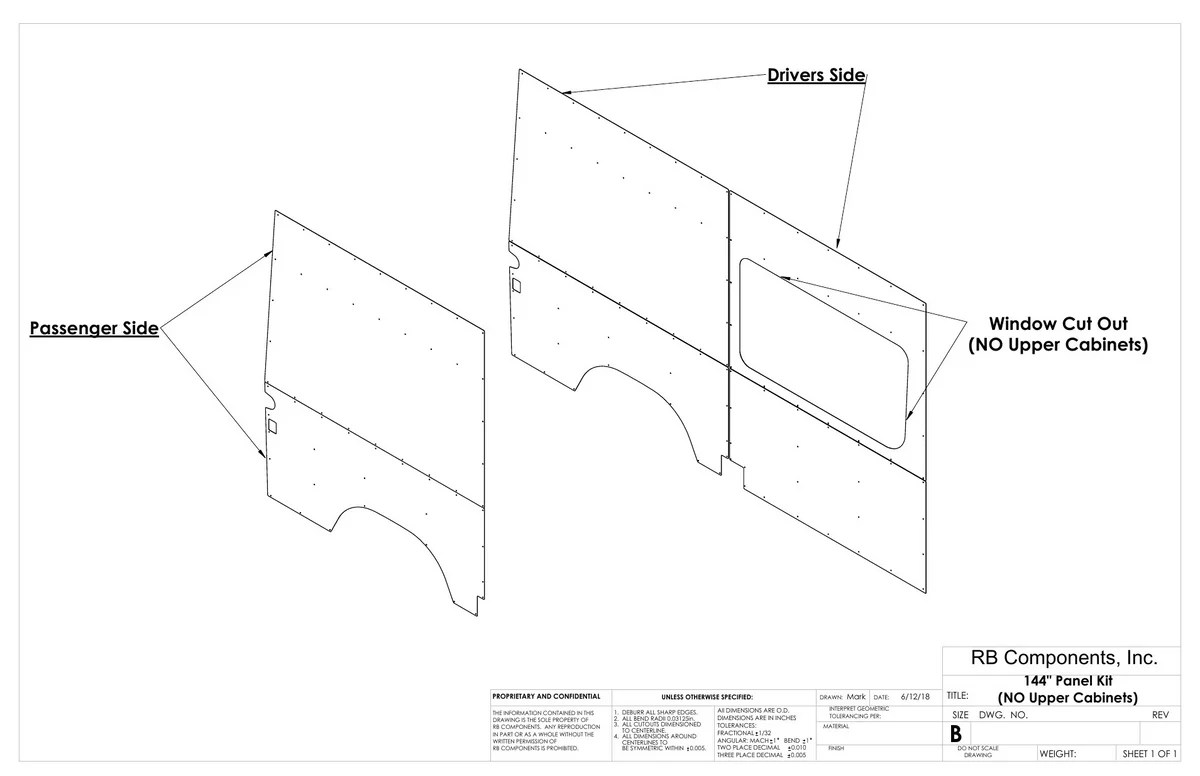 2019+ Sprinter Van Wall Liner Kit, 144" High Roof, Plywood (for no upp
