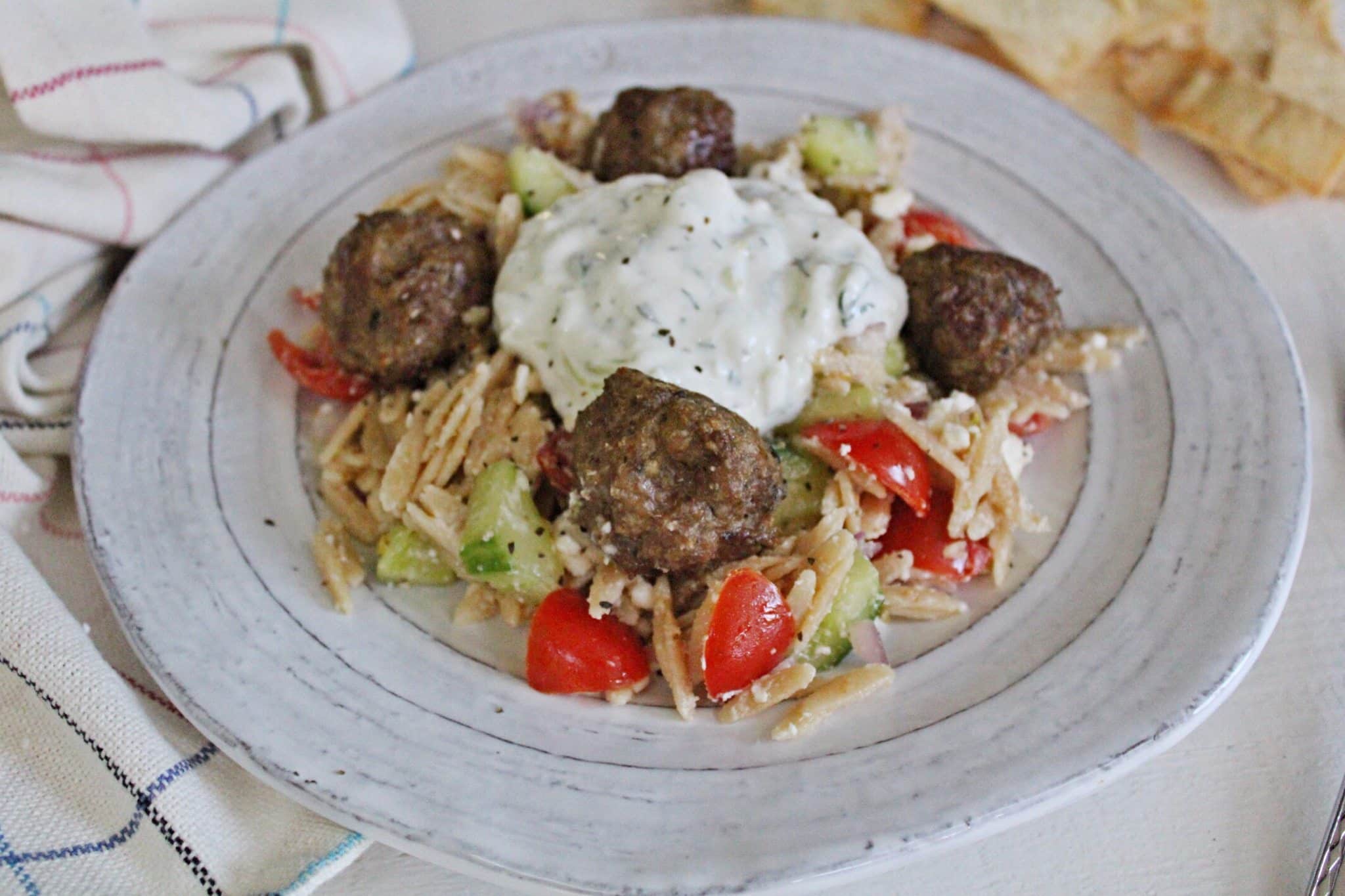 Greek Orzo Pasta Salad with Lamb Meatballs and Tzatziki Rebecca