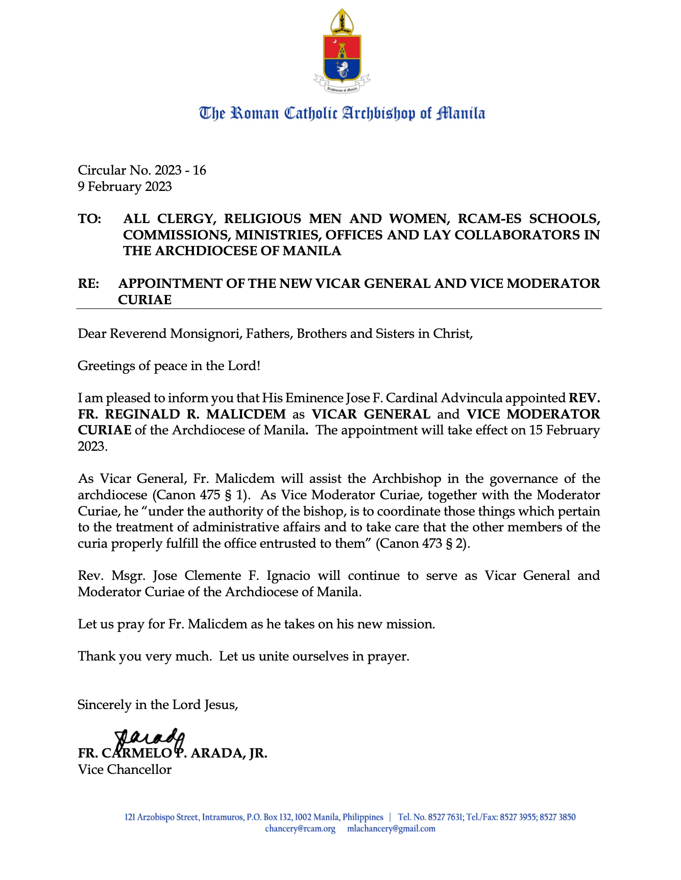 Appointment of the New Vicar General and Vice Moderator Curiae Roman