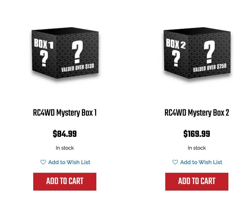 【お楽しみ】RC4WDのオフィシャルサイトで「ミステリーボックス」が2種類販売されています。 Rock’n Crawler