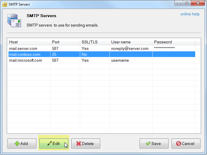 SMTP Servers Dialog. How to add/edit/delete SMTP Servers for sending e