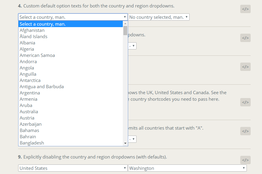 Country / region React select boxes for your forms