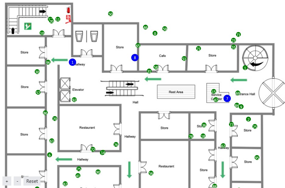 Dummy 2D store map with robots and inventory location