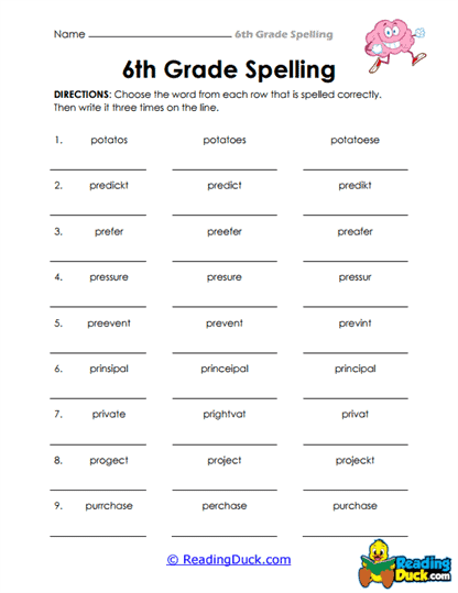 6th Grade Spelling Worksheets | Reading Duck.com
