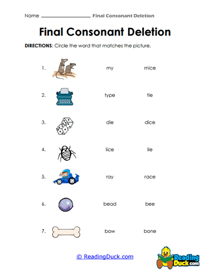 Final Consonant Deletion Worksheets
