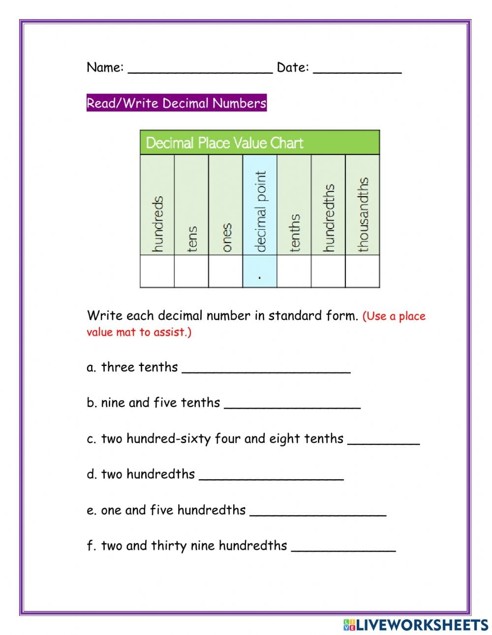 Read And Write Decimals To Thousandths Worksheets Reading Worksheet