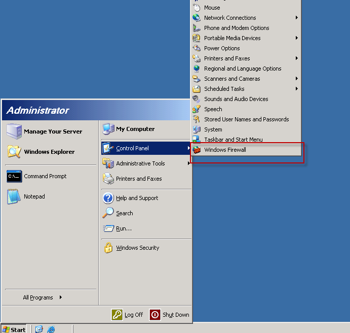 วิธีการปิด Firewall สำหรับ windows server 2003 ReadyIDC Service 24