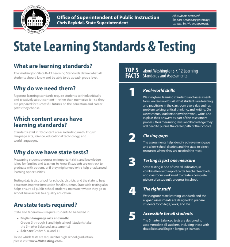 Basics About State Learning Standards and Assessments Ready Washington