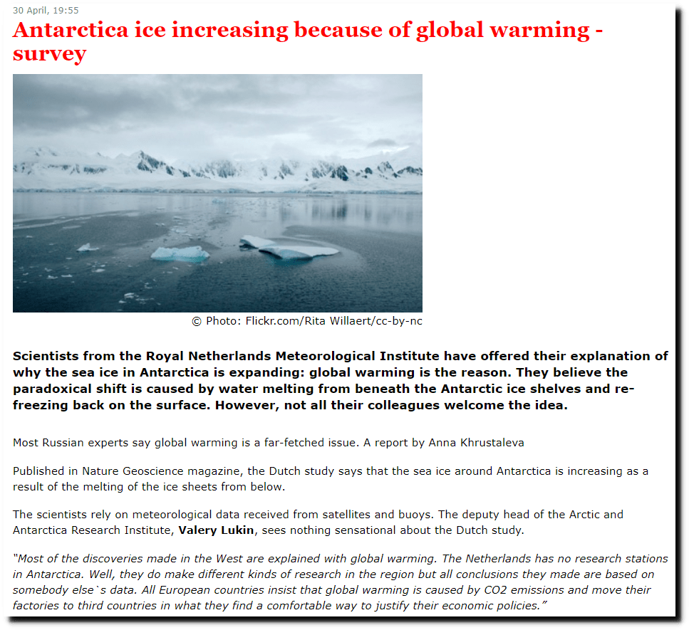 “Antarctica ice increasing because of global warming” Real Climate