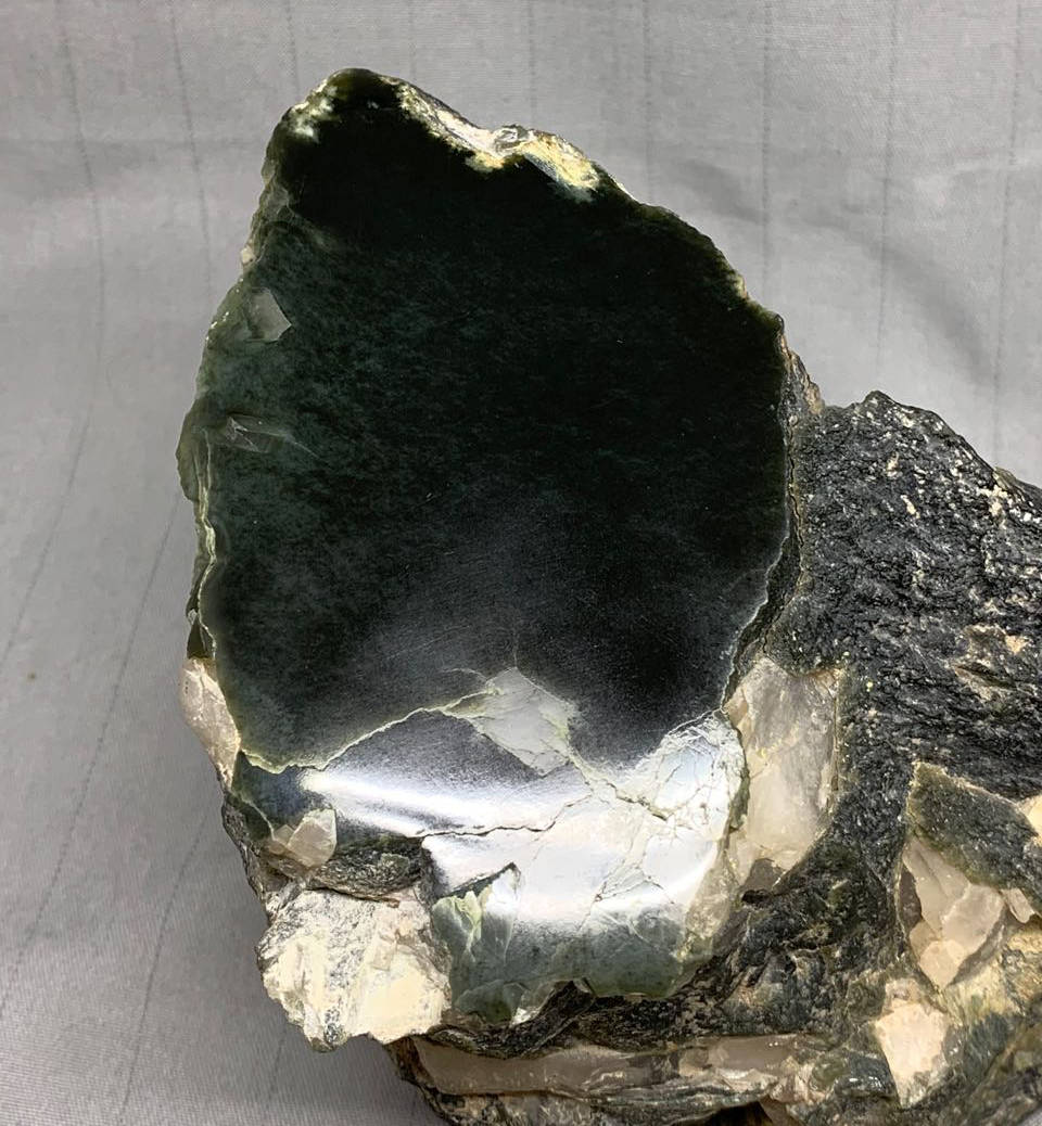 Polished Wyoming nephrite jade dark olive/sage with quartz crystals