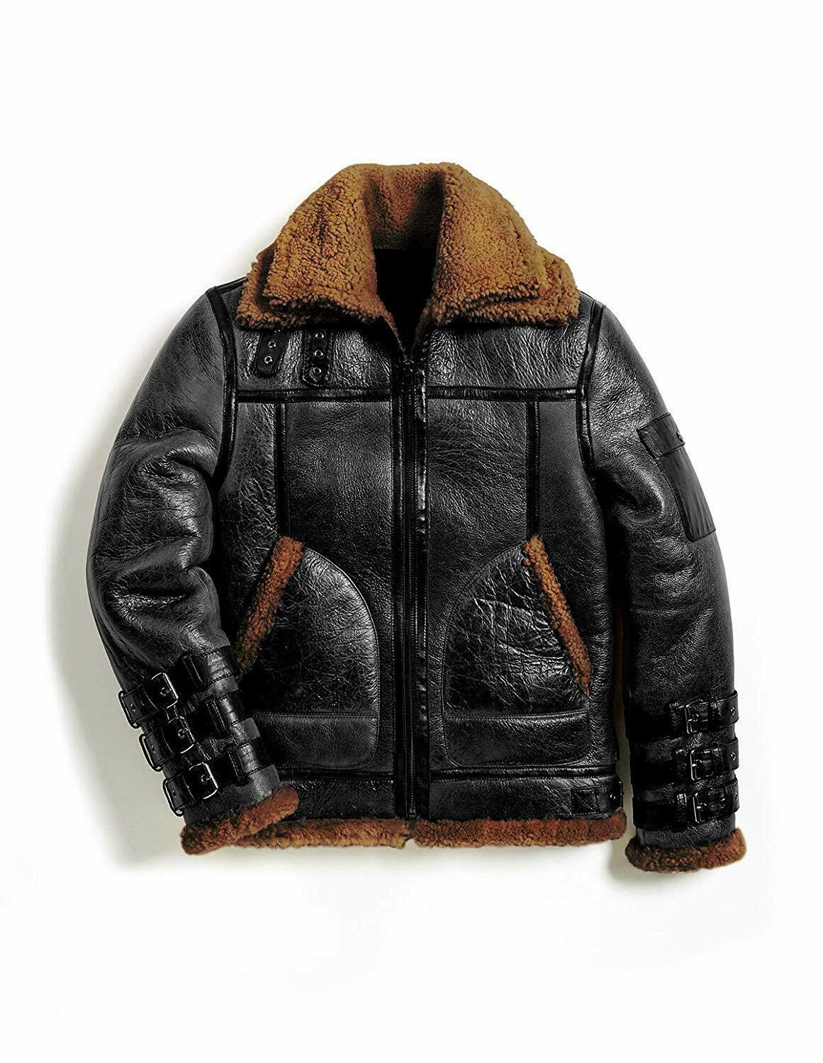 Men Winter Aviator RAF B3 Shearling Real Sheepskin Leather Bomber