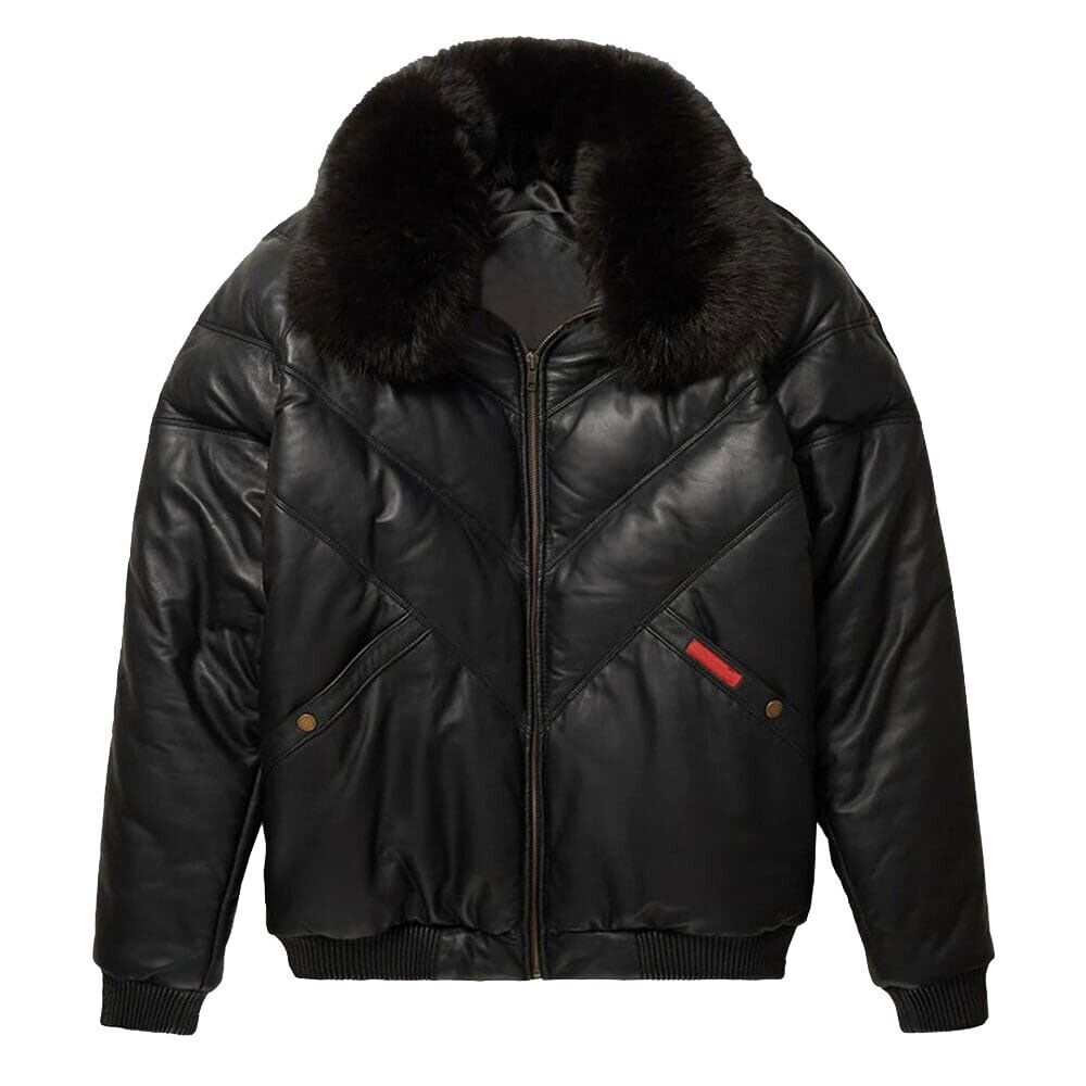 Black Leather VBomber Jacket with Black Fox Fur Lambskin leather