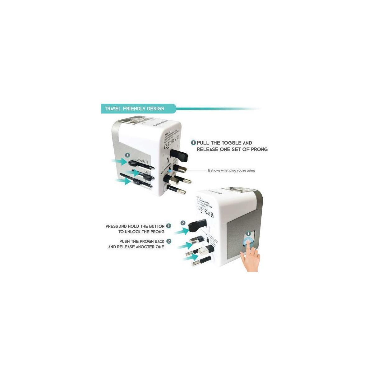 White Only Travel Plug Adapter W 4 Usb Ports 110 To 220