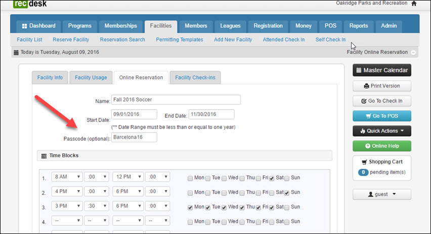 Facility Registration Passcode Access for Coaches and Personnel! Recreation Software