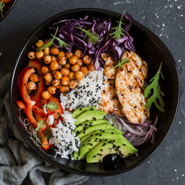 Grilled Chicken and Rice Buddha Bowl with Spicy Chickpeas Recipe How