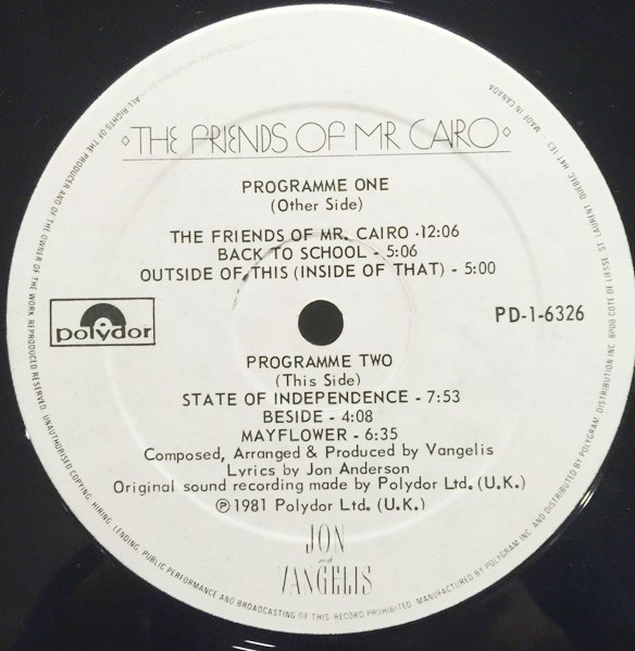 Jon And Vangelis The Friends Of Mr Cairo Record Cellar Canada