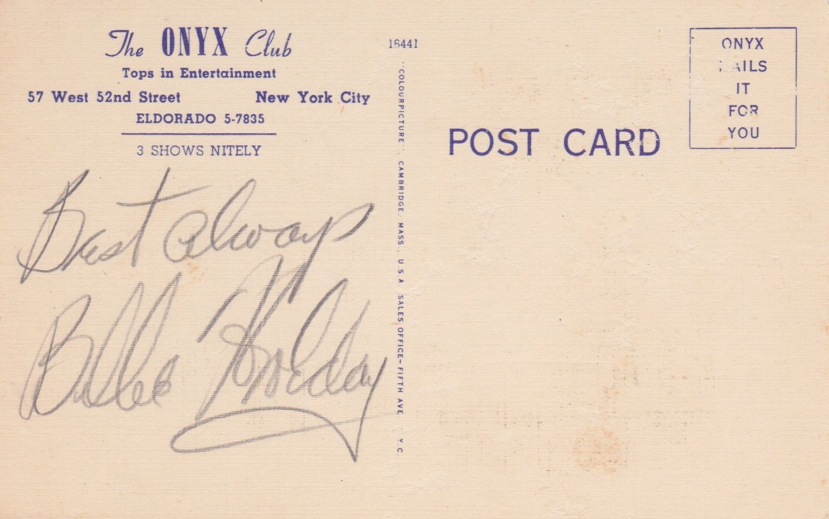 Billie Holiday Beautifully Autographed 1943 Handbill/Postcard /Roger