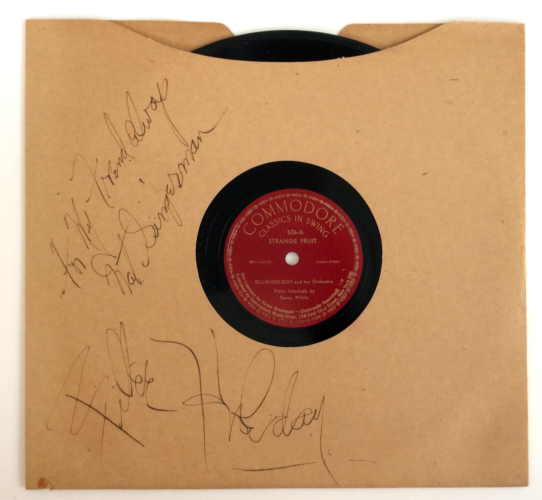 Billie Holiday Spectacularly Signed “Strange Fruit” 78