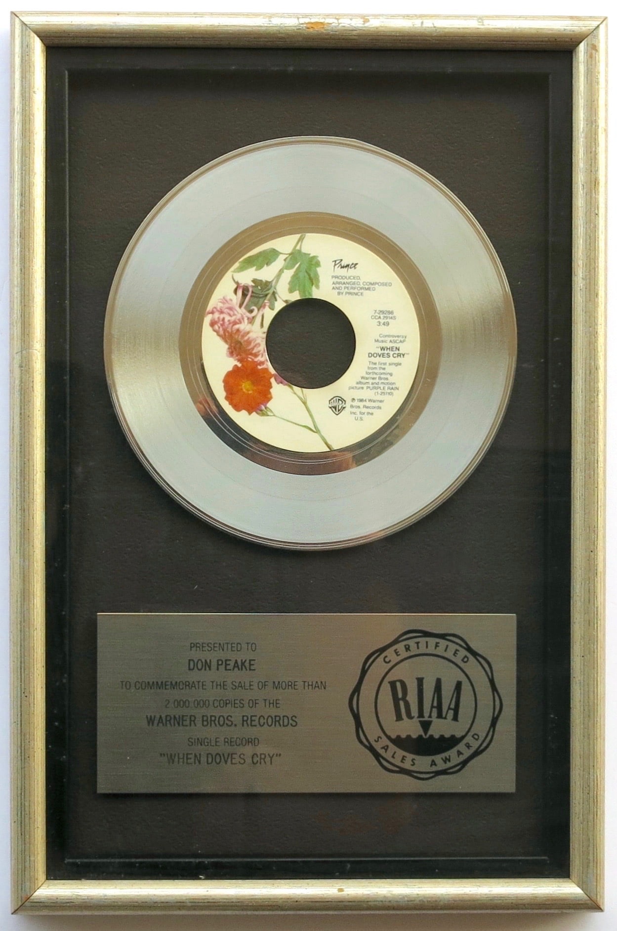 Prince RIAA Platinum Record Award for “When Doves Cry” Single