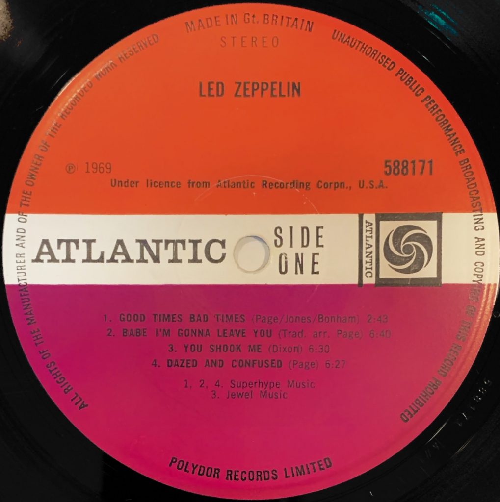 Led Zeppelin 1969 1st Pressing Debut LP, With Turquoise Lettering
