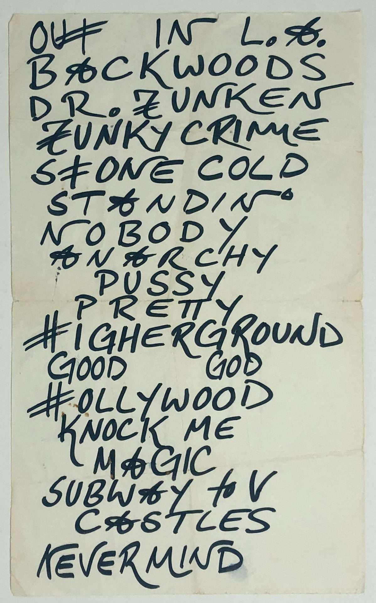 Red Hot Chili Peppers 1990 Anthony Kiedis Handwritten Setlist, from Marriot Club, Daytona Beach