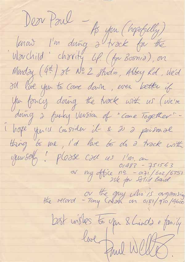 Paul Weller Handwritten Letter to Paul McCartney