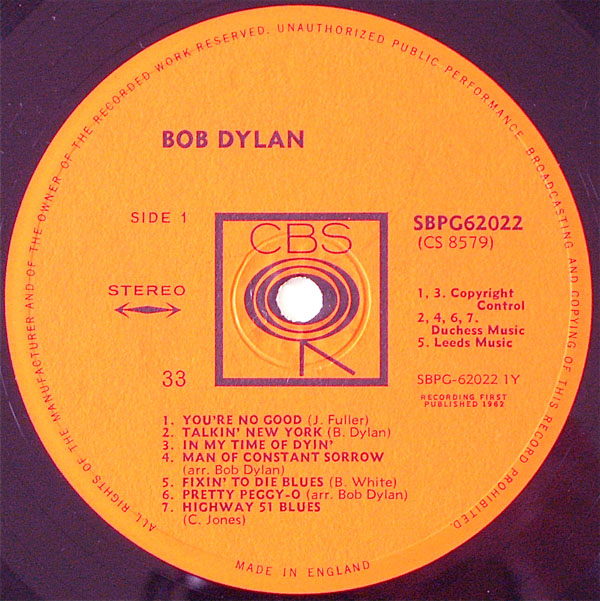 Bob Dylan UK 1st Pressing of Bob Dylan LP
