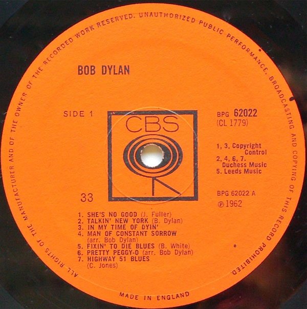 Bob Dylan UK 1st Pressing of Debut Album