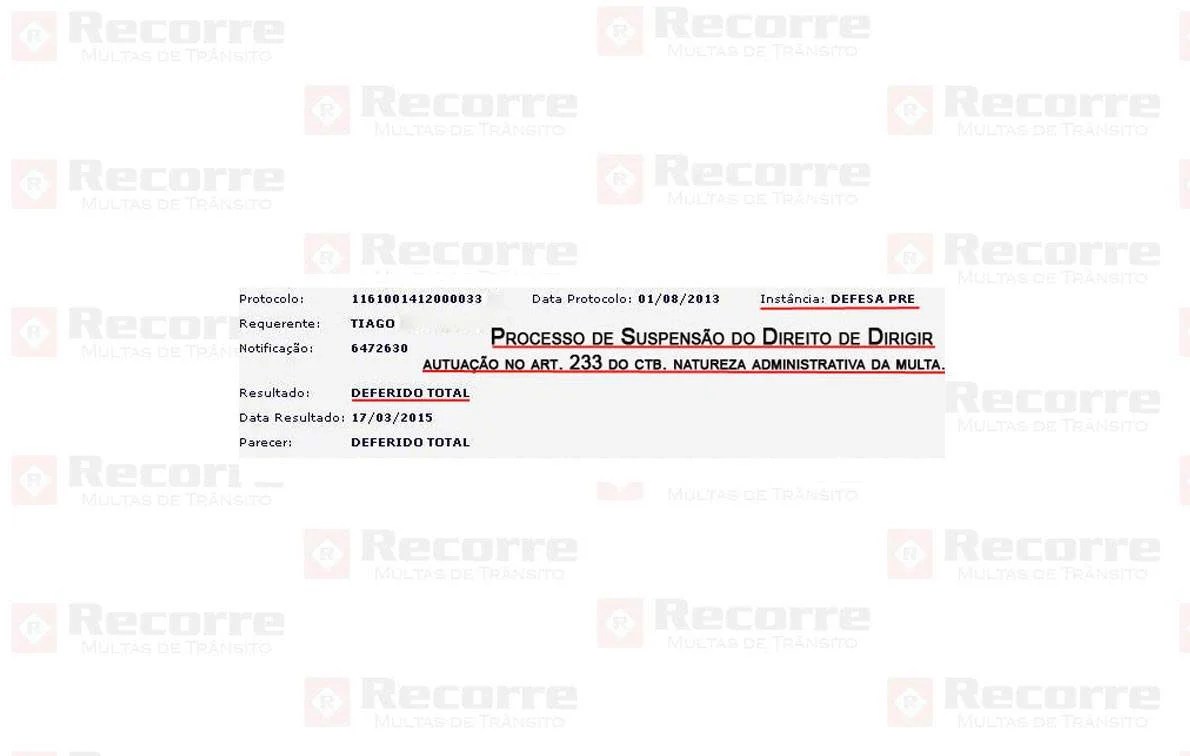 Suspensão deferido na defesa prévia em março de 2015 art 233 natureza