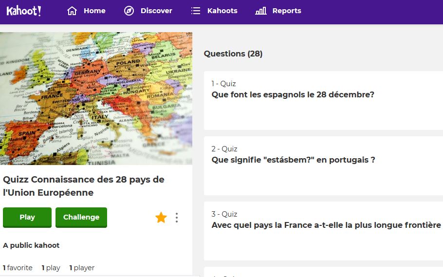 Quizz Kahoot ! par équipe sur les pays de l’Union Européenne (culture