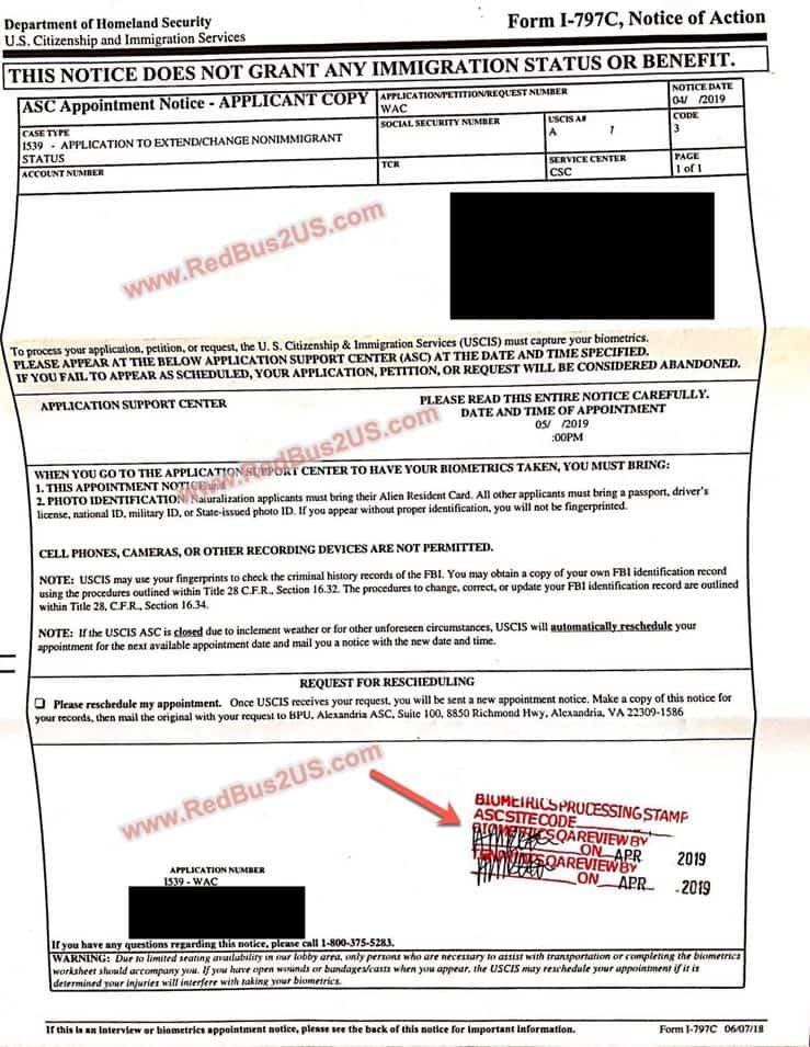 Sample H4 Biometrics Completed Stamp given at ASC as Proof RedBus2US