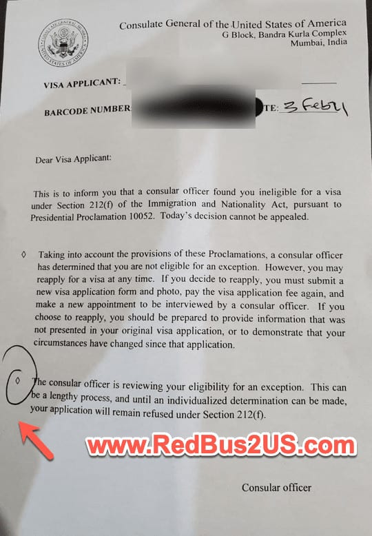 Ineligible for a Visa under Section 212(f) Samples? Meaning? RedBus2US