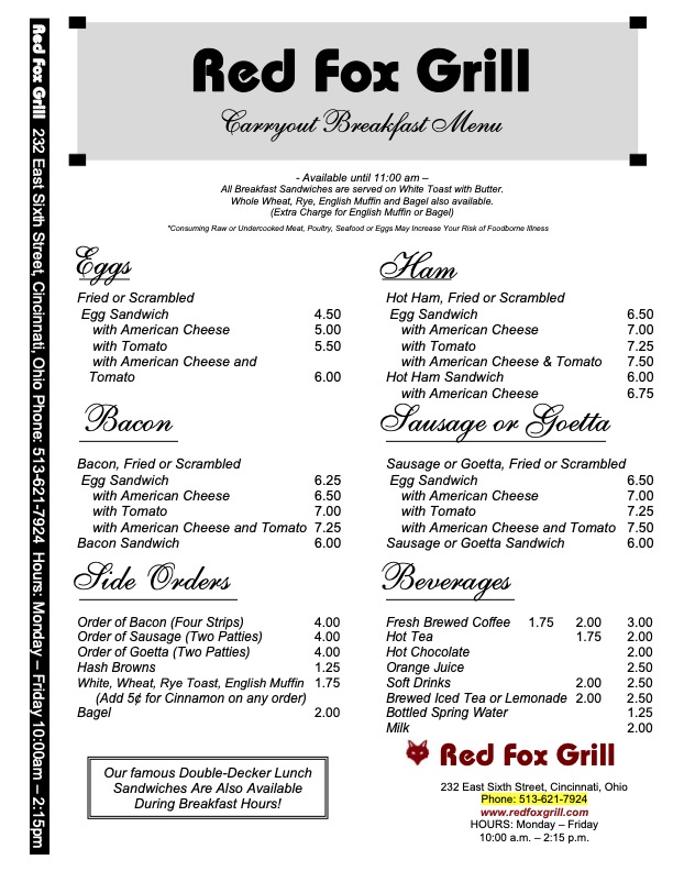 Carry Out Menu Red Fox Grill Red Fox Grill