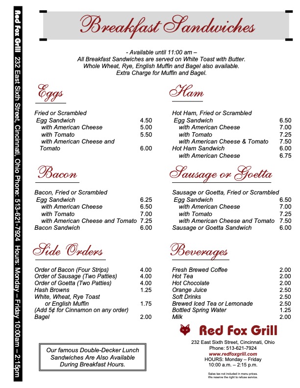 Dining Room Menu Red Fox Grill Red Fox Grill