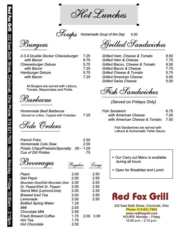 Carry Out Menu Red Fox Grill Red Fox Grill