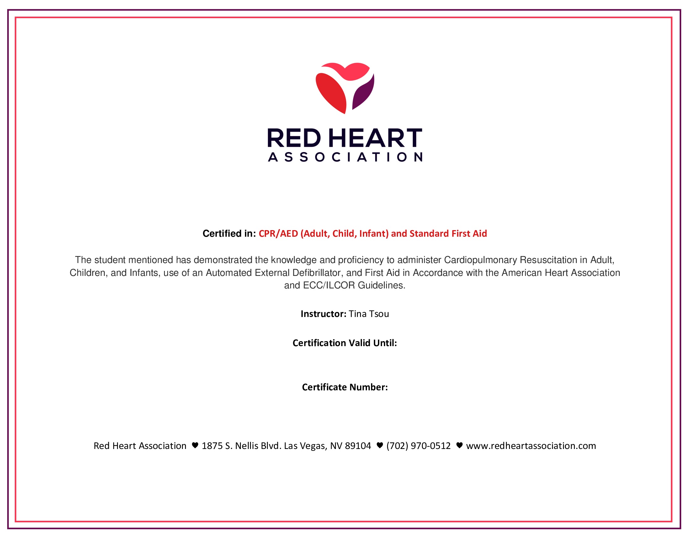 CPR / First Aid Online Certificate Red Heart Association
