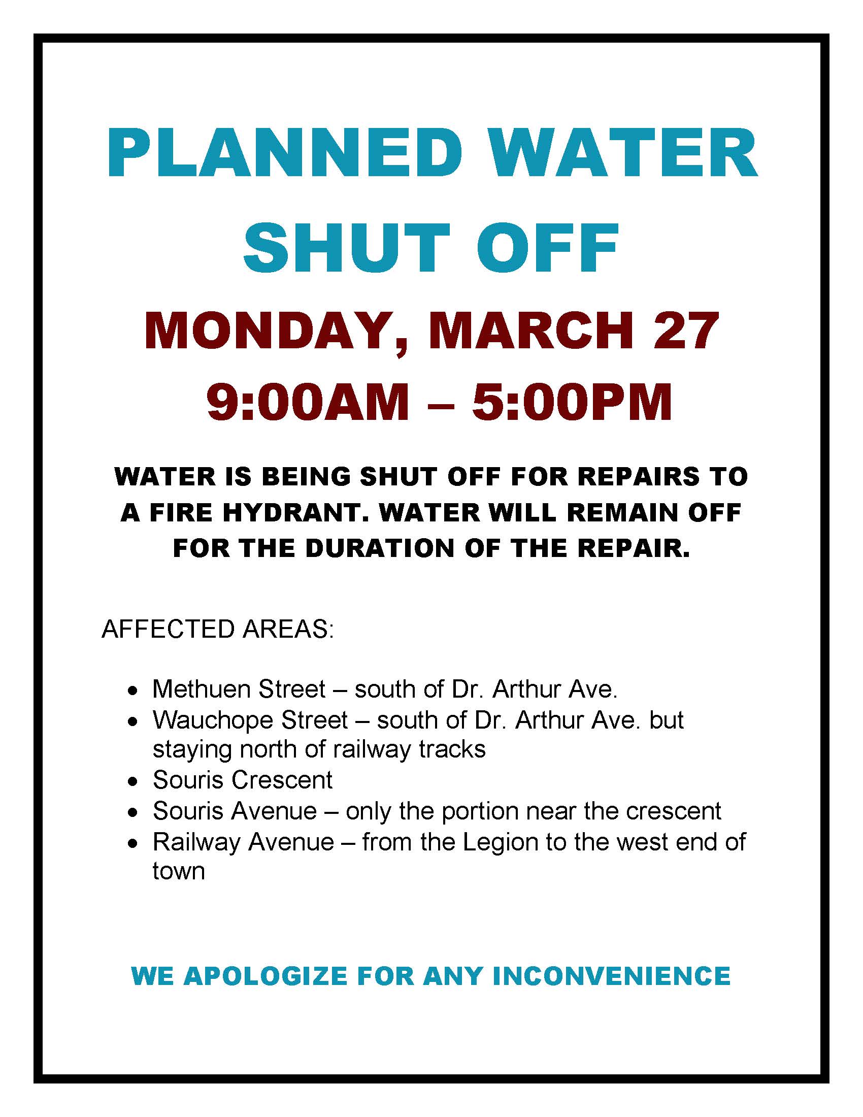 Planned Water Shut Off Redvers, Saskatchewan