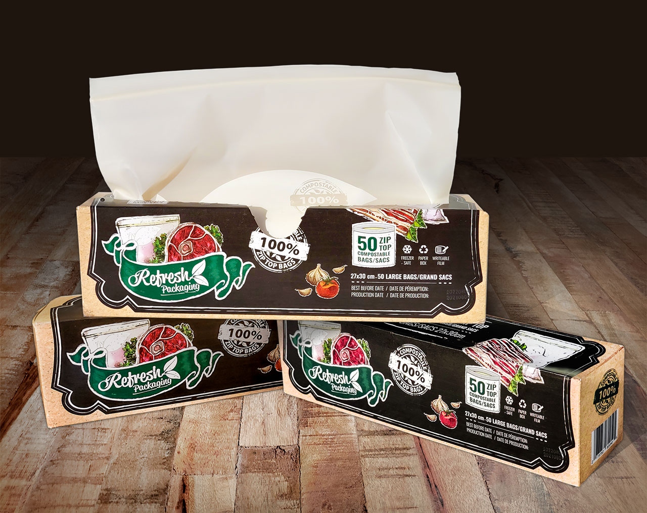 Compostable ZipTop Food Storage Bags Large size x 3 150bags